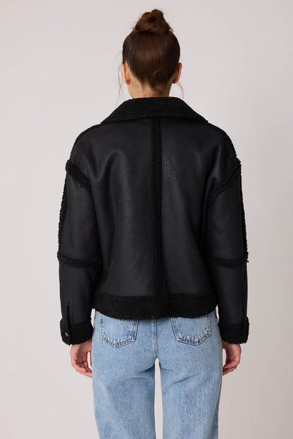 FUR WALLED STUDS COVERED FAUX LEATHER BIKER JACKET