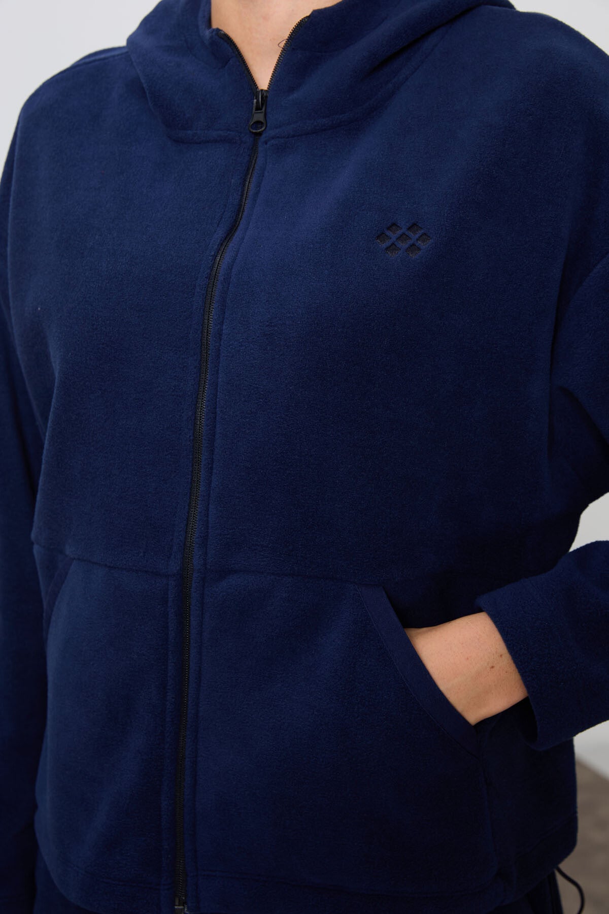 Navy Blue Thick Soft Textured Oversize Embroidered Hooded Fleece Women's Tracksuit Set -95338