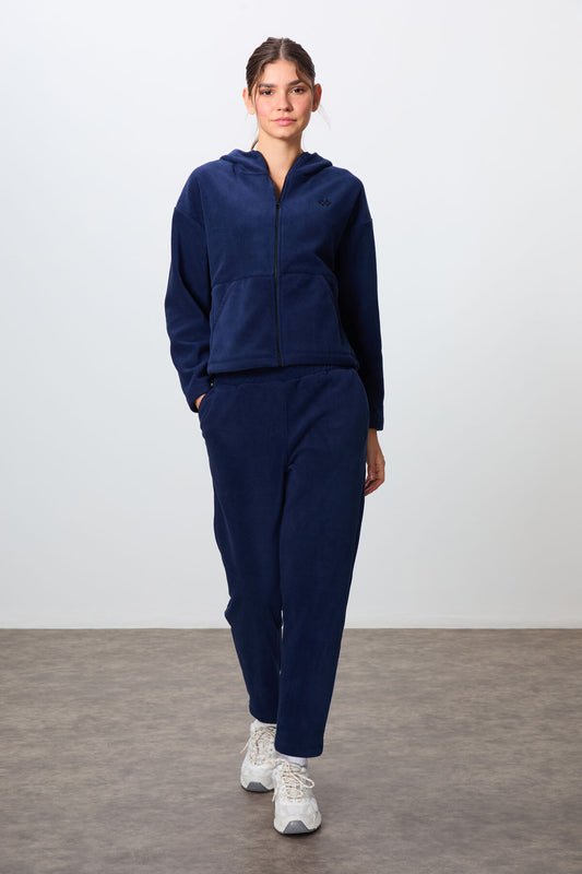 Navy Blue Thick Soft Textured Oversize Embroidered Hooded Fleece Women's Tracksuit Set -95338