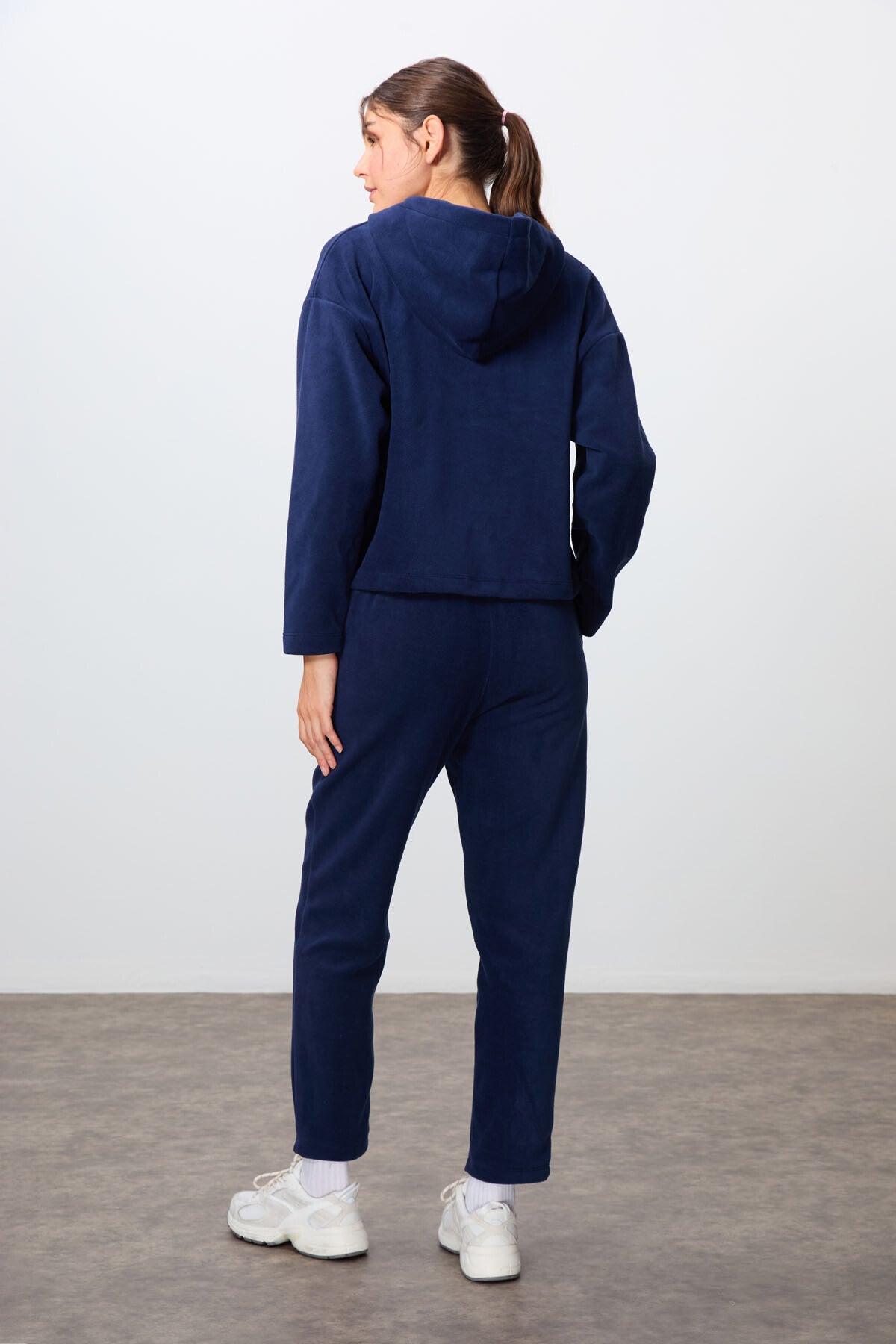 Navy Blue Thick Soft Textured Oversize Embroidered Hooded Fleece Women's Tracksuit Set -95338