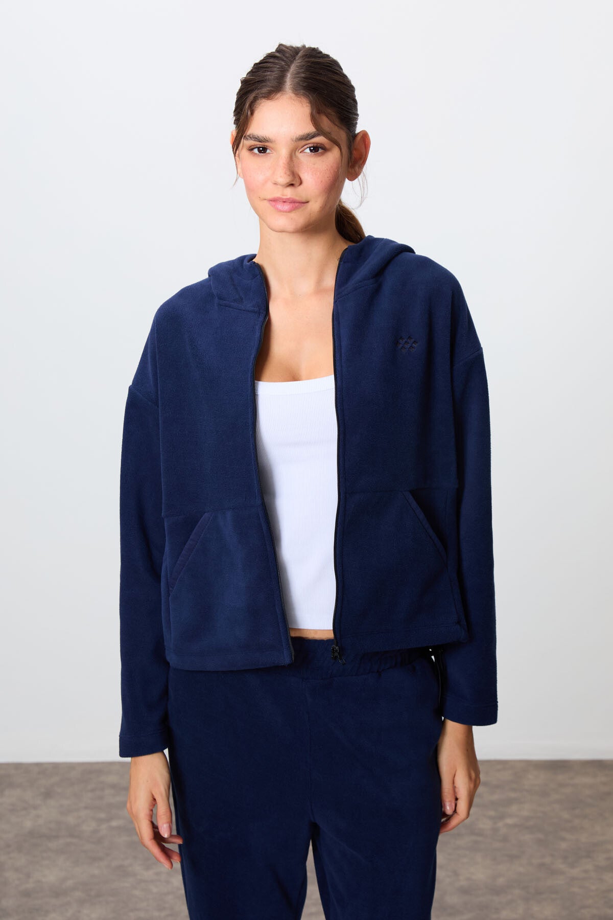 Navy Blue Thick Soft Textured Oversize Embroidered Hooded Fleece Women's Tracksuit Set -95338