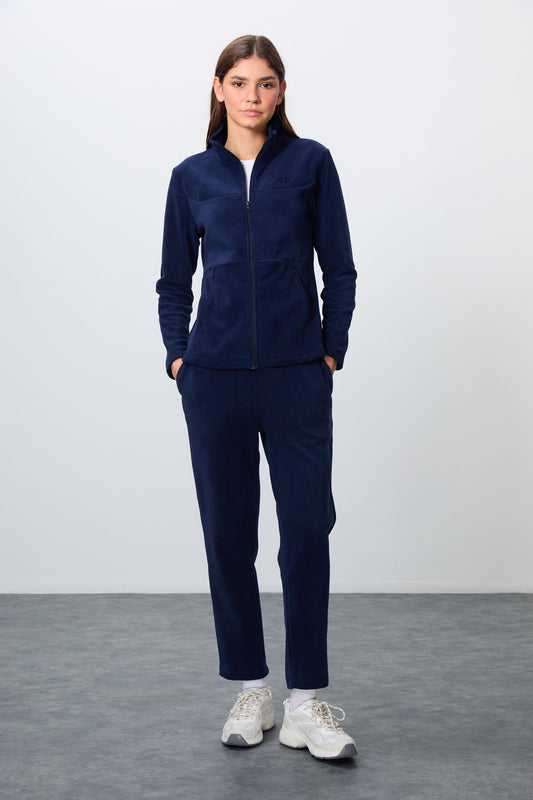 Navy Blue Thick Soft Textured High Collar Oversize Embroidered Fleece Women's Tracksuit Set -95339