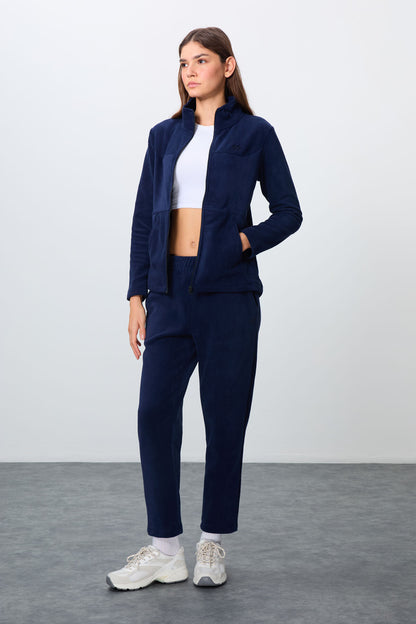 Navy Blue Thick Soft Textured High Collar Oversize Embroidered Fleece Women's Tracksuit Set -95339