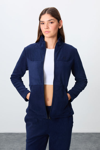 Navy Blue Thick Soft Textured High Collar Oversize Embroidered Fleece Women's Tracksuit Set -95339