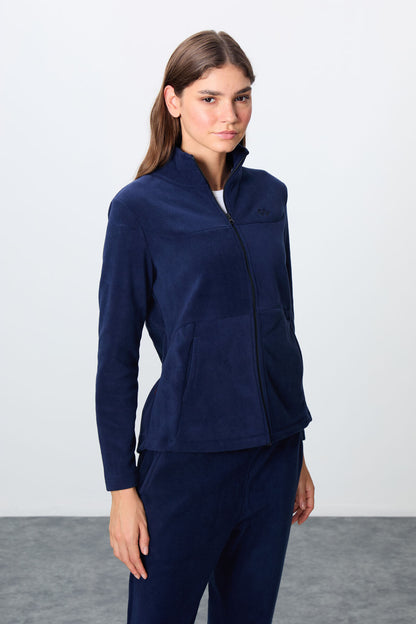 Navy Blue Thick Soft Textured High Collar Oversize Embroidered Fleece Women's Tracksuit Set -95339