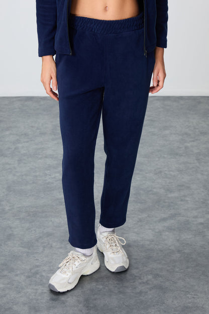 Navy Blue Thick Soft Textured High Collar Oversize Embroidered Fleece Women's Tracksuit Set -95339