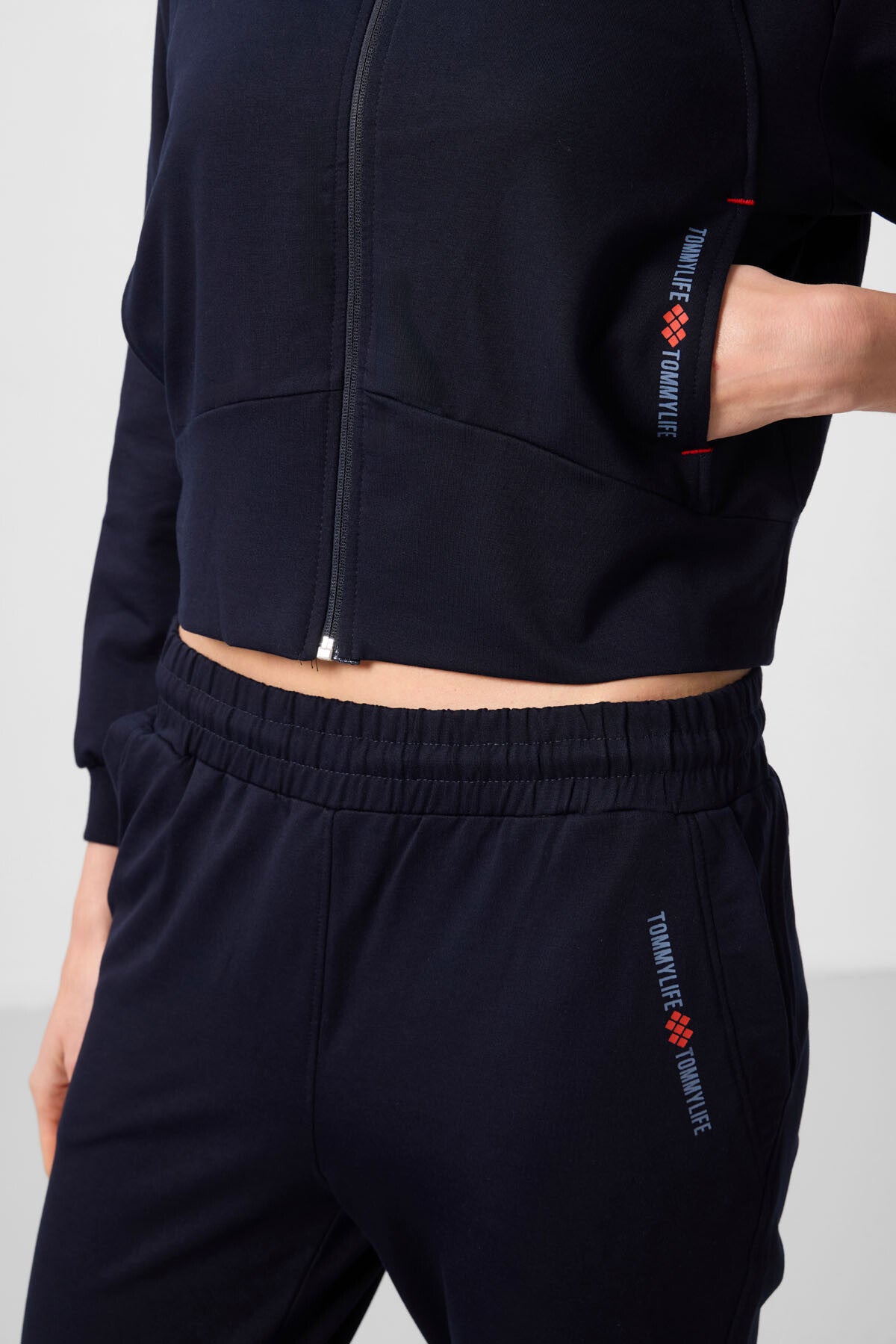 Navy Blue Hooded Zippered Oversize Women's Tracksuit Set - 95328