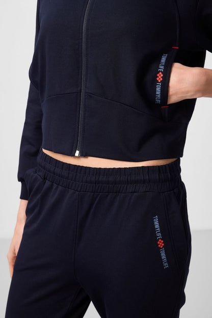 Navy Blue Hooded Zippered Oversize Women's Tracksuit Set - 95328