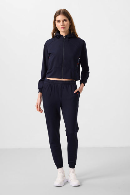 Navy Blue Hooded Zippered Oversize Women's Tracksuit Set - 95328