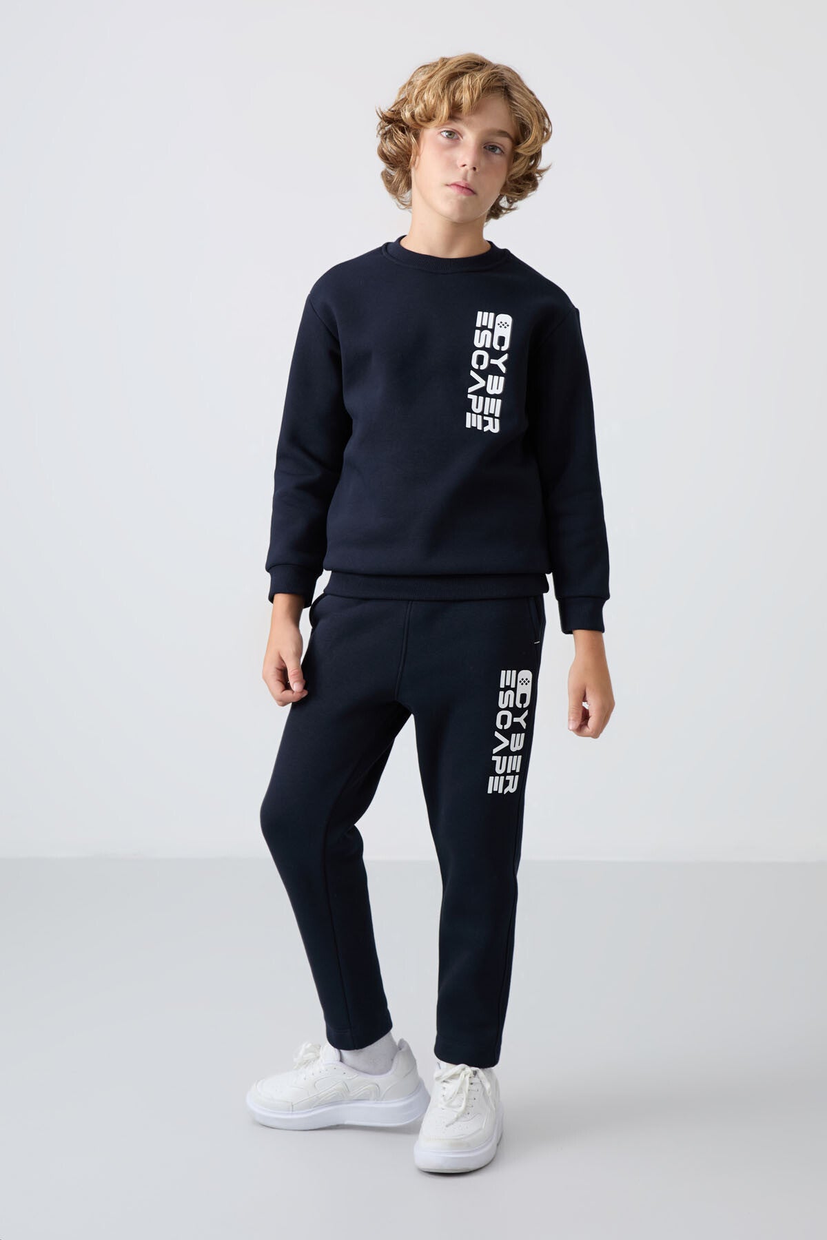 Navy Blue Cotton Thick Fleece-Lined Soft Textured Standard Fit Printed Boys' Tracksuit Set - 11233