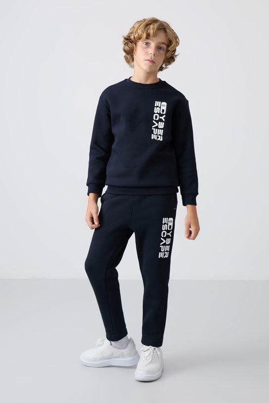Navy Blue Cotton Thick Fleece-Lined Soft Textured Standard Fit Printed Boys' Tracksuit Set - 11233
