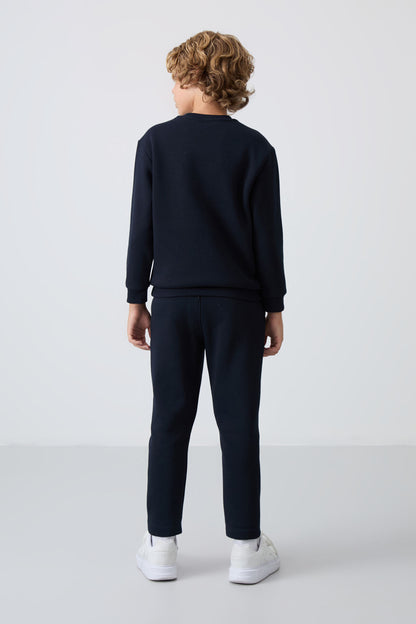 Navy Blue Cotton Thick Fleece-Lined Soft Textured Standard Fit Printed Boys' Tracksuit Set - 11233