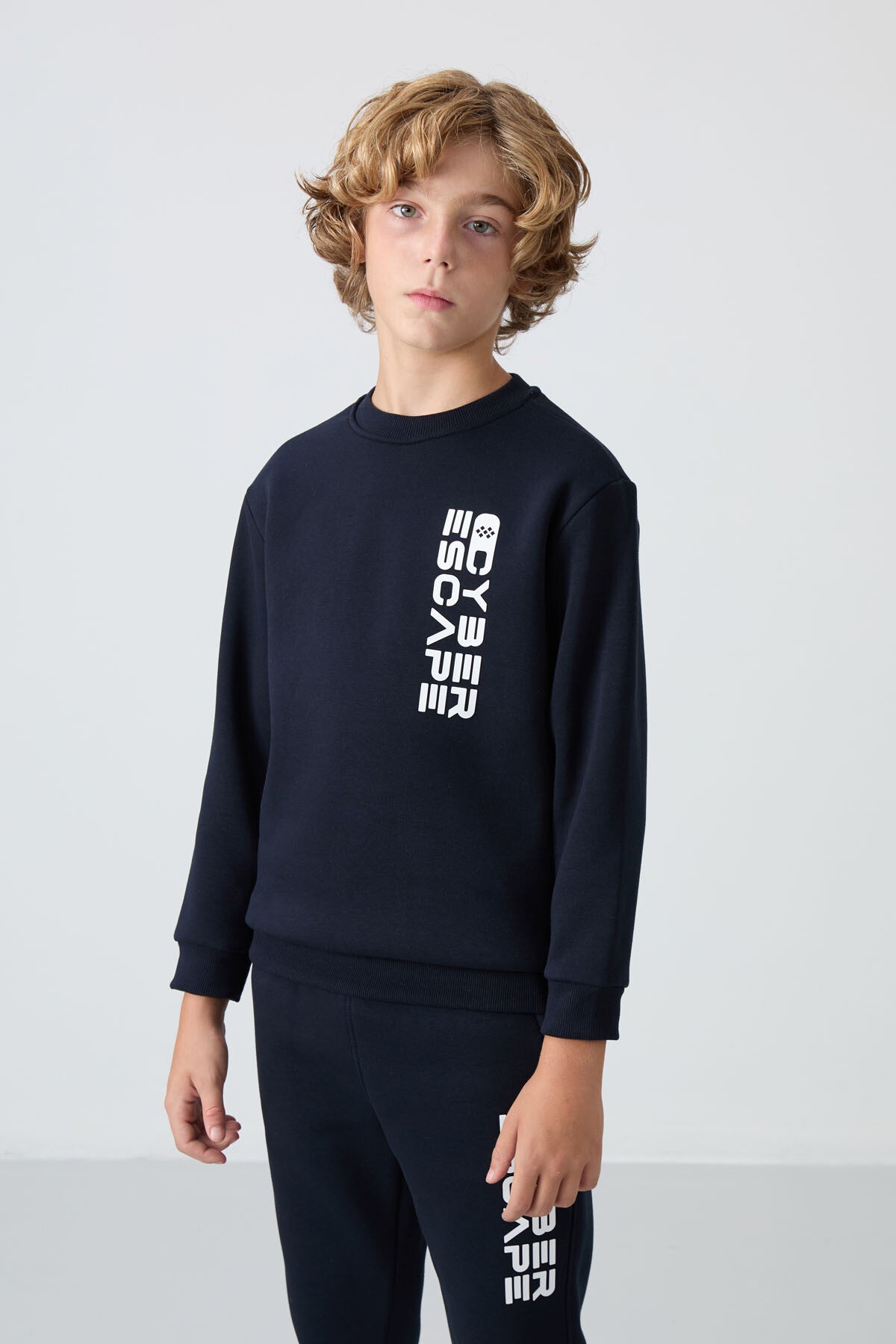 Navy Blue Cotton Thick Fleece-Lined Soft Textured Standard Fit Printed Boys' Tracksuit Set - 11233