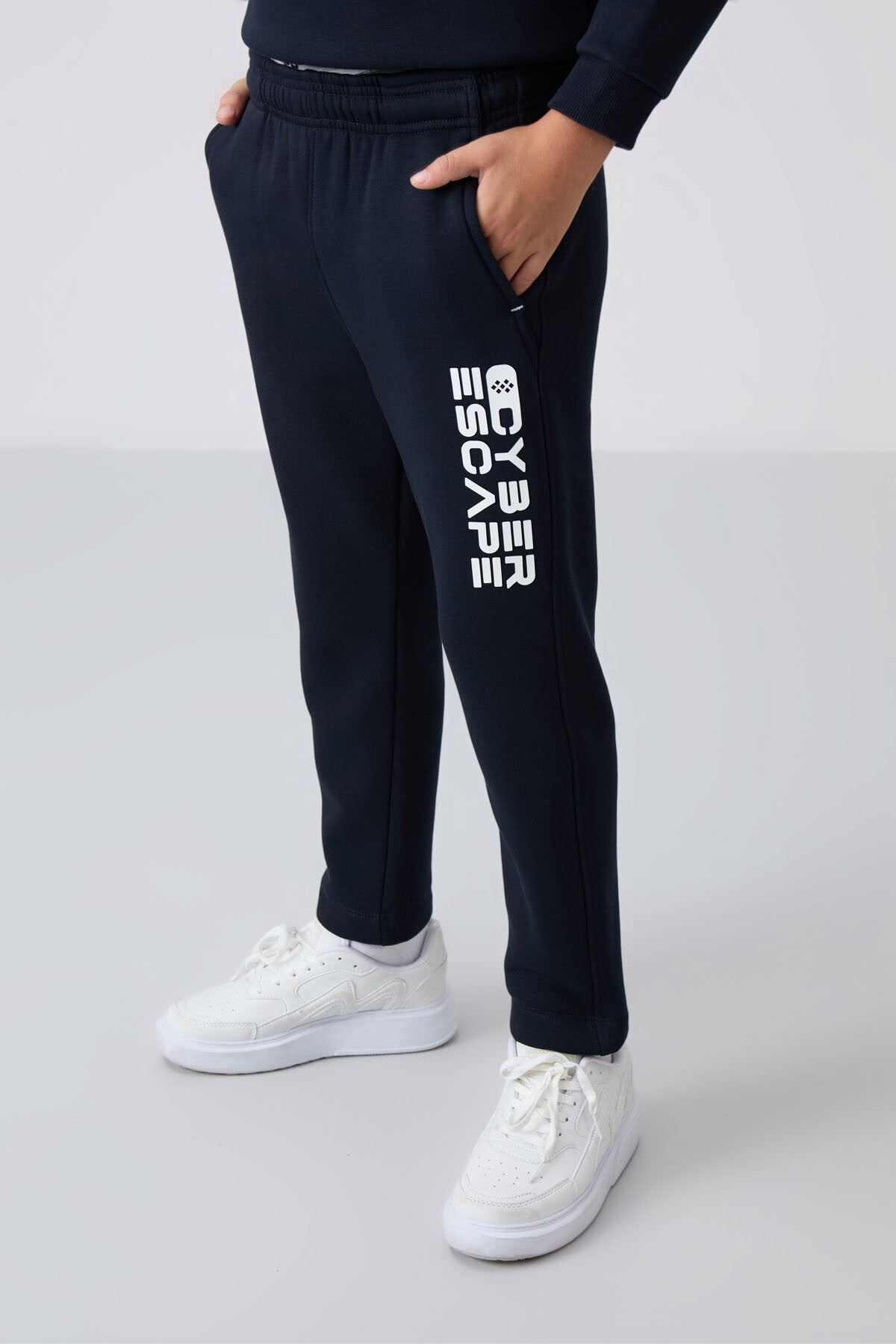 Navy Blue Cotton Thick Fleece-Lined Soft Textured Standard Fit Printed Boys' Tracksuit Set - 11233