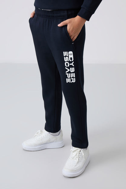 Navy Blue Cotton Thick Fleece-Lined Soft Textured Standard Fit Printed Boys' Tracksuit Set - 11233
