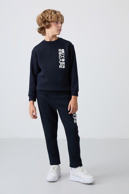 Navy Blue Cotton Thick Fleece-Lined Soft Textured Standard Fit Printed Boys' Tracksuit Set - 11233
