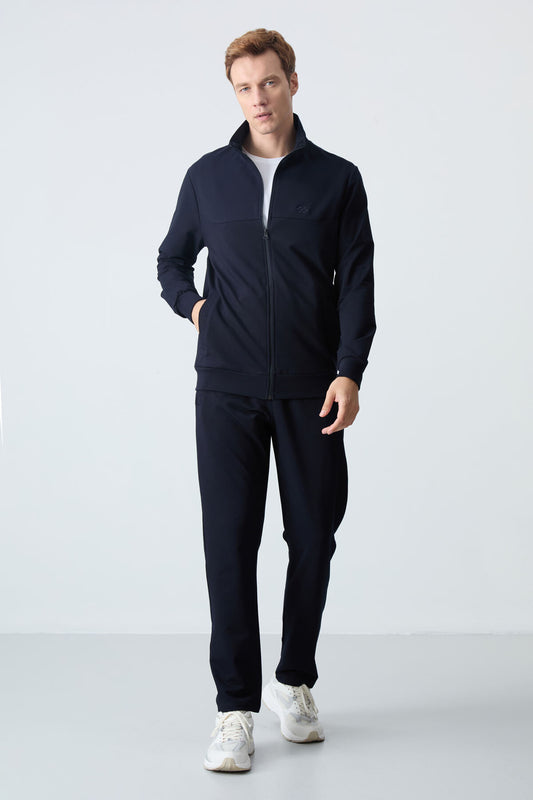 Navy Blue Cotton Thick Soft Textured Comfort Fit Basic Men's Tracksuit Set - 85260