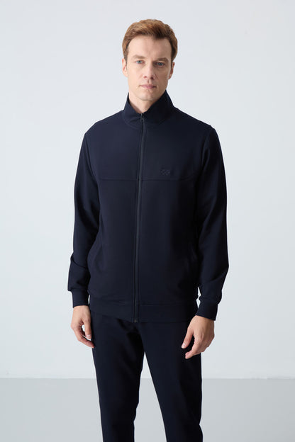 Navy Blue Cotton Thick Soft Textured Comfort Fit Basic Men's Tracksuit Set - 85260