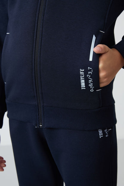 Navy Blue Cotton Thick Fleece-Lined Soft Textured Standard Fit Embroidered Boys' Tracksuit Set - 11240