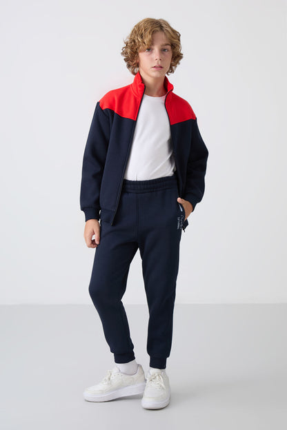 Navy Blue Cotton Thick Fleece-Lined Soft Textured Standard Fit Embroidered Boys' Tracksuit Set - 11240