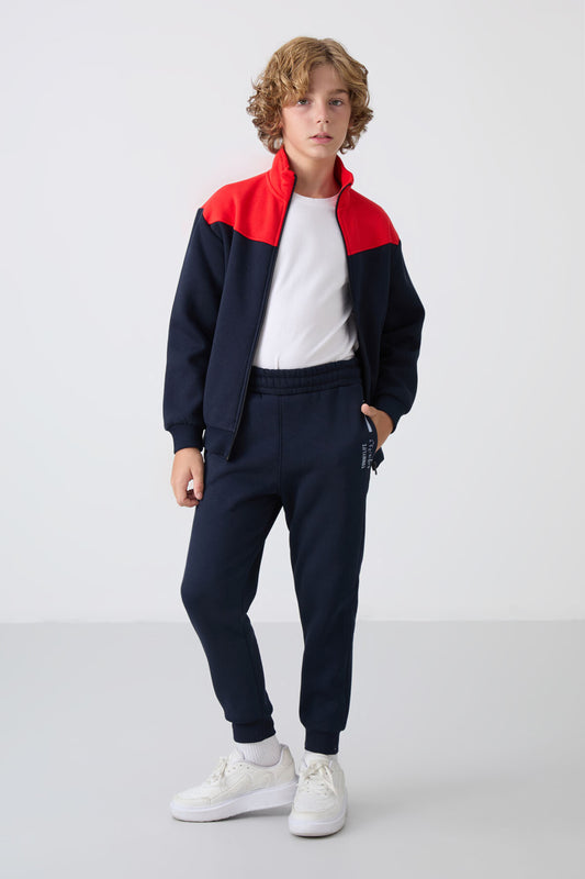 Navy Blue Cotton Thick Fleece-Lined Soft Textured Standard Fit Embroidered Boys' Tracksuit Set - 11240
