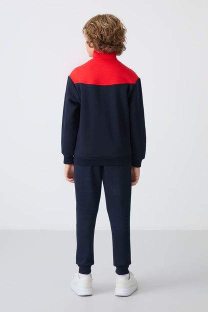 Navy Blue Cotton Thick Fleece-Lined Soft Textured Standard Fit Embroidered Boys' Tracksuit Set - 11240