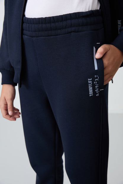 Navy Blue Cotton Thick Fleece-Lined Soft Textured Standard Fit Embroidered Boys' Tracksuit Set - 11240