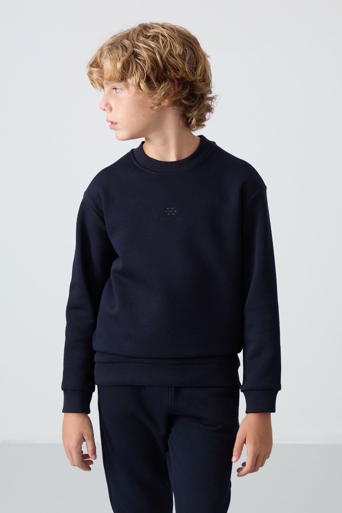 Navy Blue Cotton Thick Fleece-Lined Soft Textured Standard Fit Embroidered Boys' Tracksuit Set - 11249