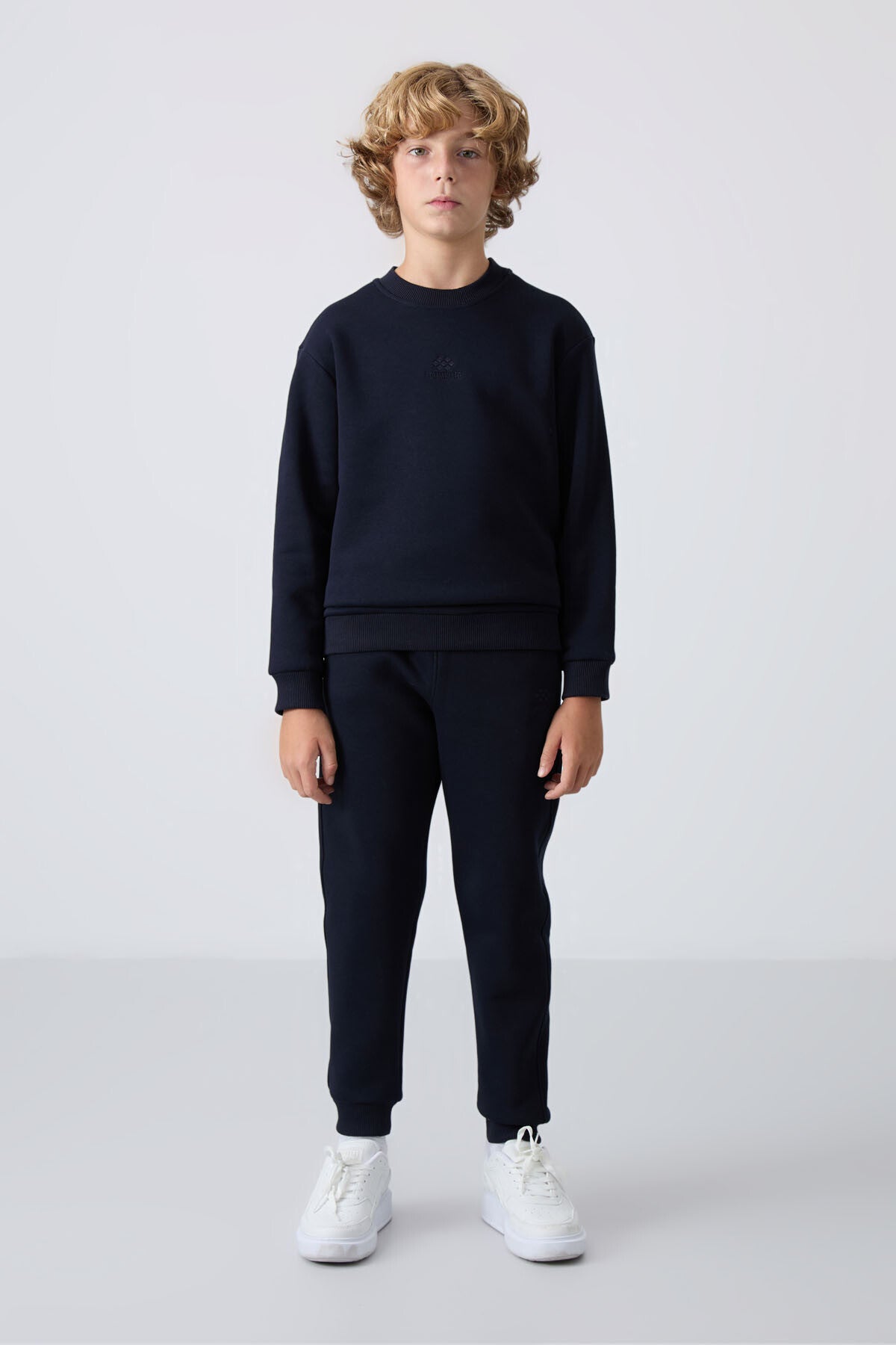 Navy Blue Cotton Thick Fleece-Lined Soft Textured Standard Fit Embroidered Boys' Tracksuit Set - 11249