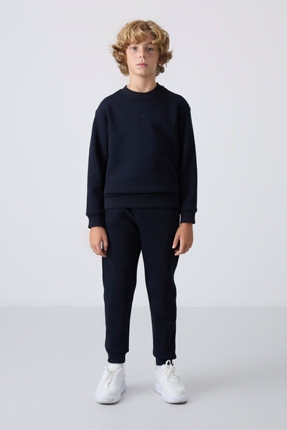 Navy Blue Cotton Thick Fleece-Lined Soft Textured Standard Fit Embroidered Boys' Tracksuit Set - 11249