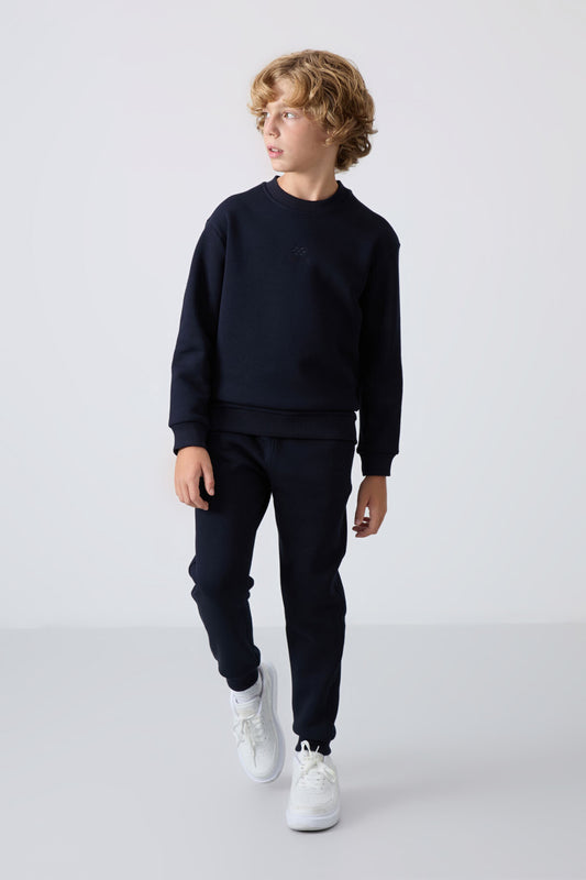 Navy Blue Cotton Thick Fleece-Lined Soft Textured Standard Fit Embroidered Boys' Tracksuit Set - 11249