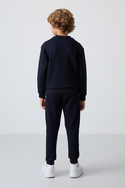 Navy Blue Cotton Thick Fleece-Lined Soft Textured Standard Fit Embroidered Boys' Tracksuit Set - 11249
