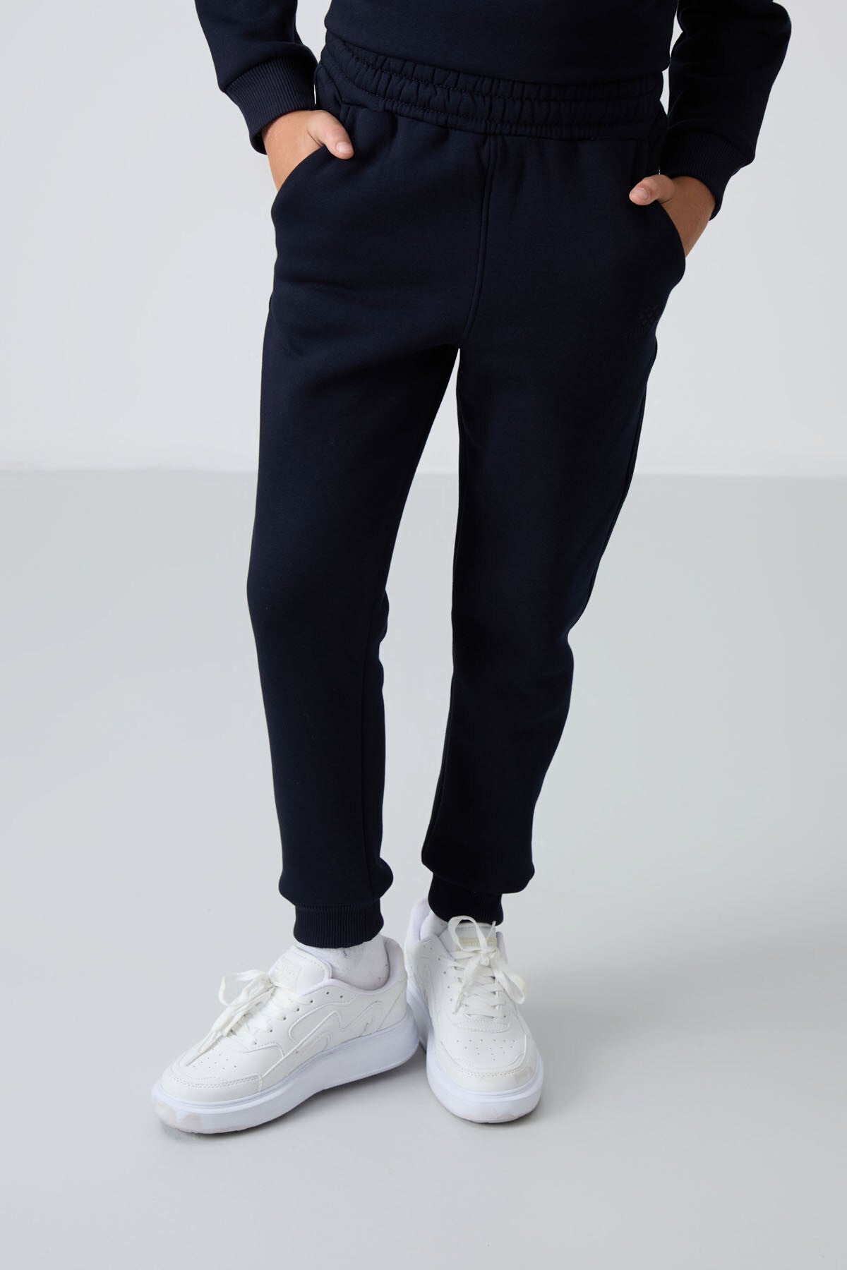 Navy Blue Cotton Thick Fleece-Lined Soft Textured Standard Fit Embroidered Boys' Tracksuit Set - 11249