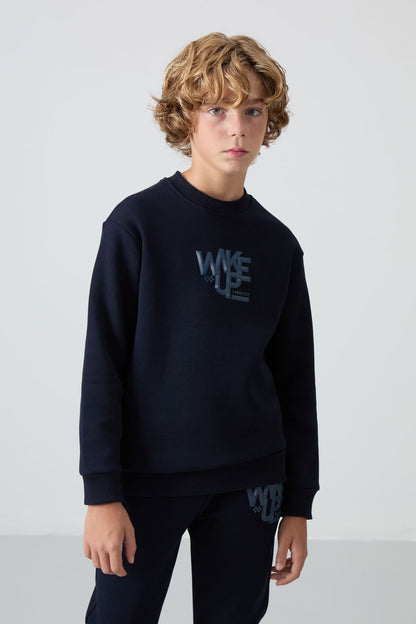 Navy Blue Cotton Thick Fleece-Lined Soft Textured Standard Fit Printed Boys' Tracksuit Set - 11253