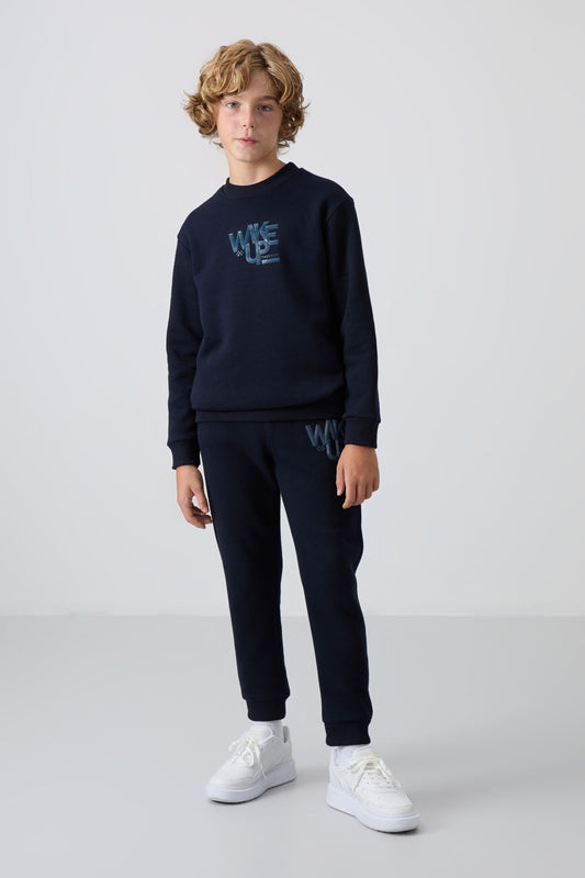 Navy Blue Cotton Thick Fleece-Lined Soft Textured Standard Fit Printed Boys' Tracksuit Set - 11253