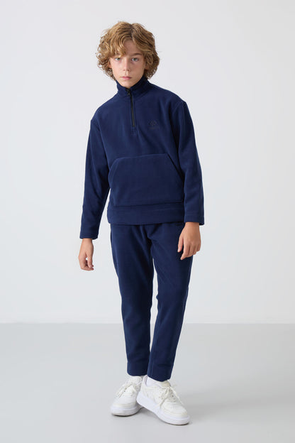 Navy Blue Thick Soft Textured Standard Fit Embroidered Fleece Boys' Tracksuit Set - 11218