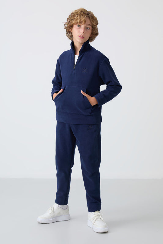 Navy Blue Thick Soft Textured Standard Fit Embroidered Fleece Boys' Tracksuit Set - 11218