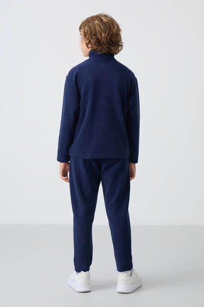Navy Blue Thick Soft Textured Standard Fit Embroidered Fleece Boys' Tracksuit Set - 11218