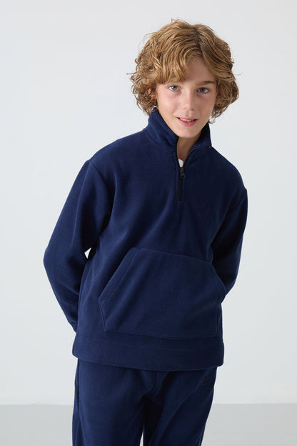 Navy Blue Thick Soft Textured Standard Fit Embroidered Fleece Boys' Tracksuit Set - 11218