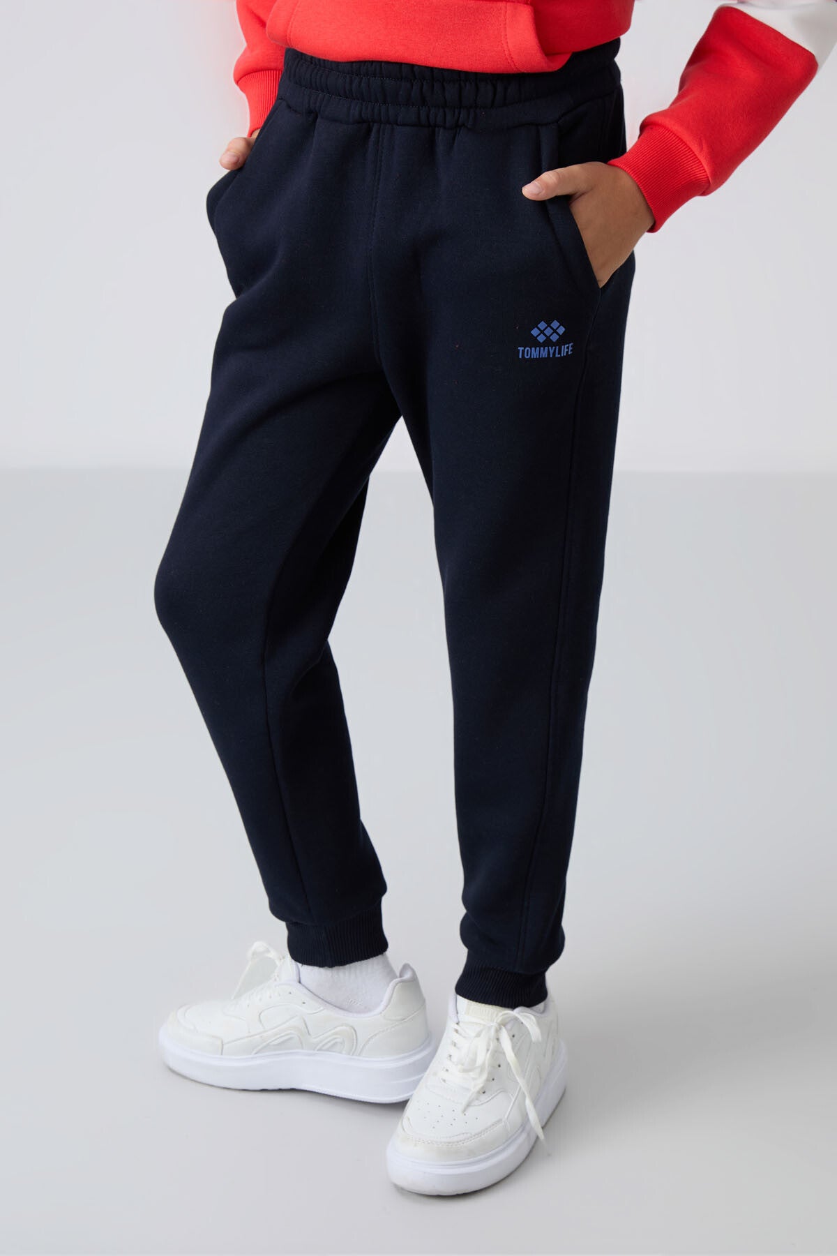 Navy Blue Cotton Thick Fleece-Lined Soft Textured Standard Fit Embroidered Boys' Tracksuit Set - 11255