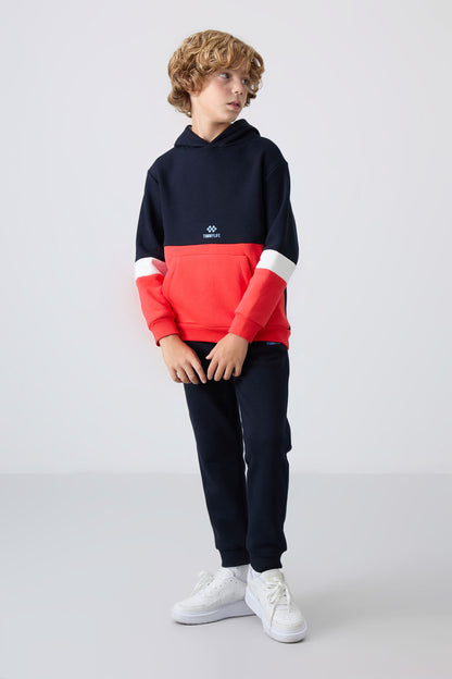 Navy Blue Cotton Thick Fleece-Lined Soft Textured Standard Fit Embroidered Boys' Tracksuit Set - 11255