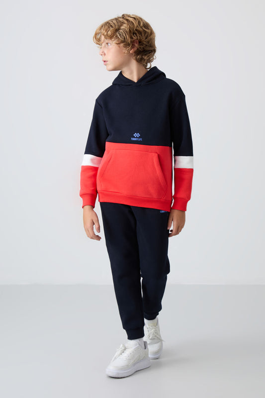 Navy Blue Cotton Thick Fleece-Lined Soft Textured Standard Fit Embroidered Boys' Tracksuit Set - 11255