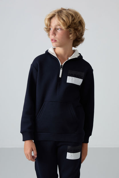 Navy Blue Cotton Thick Fleece-Lined Soft Textured Standard Fit Printed Boys' Tracksuit Set - 11246