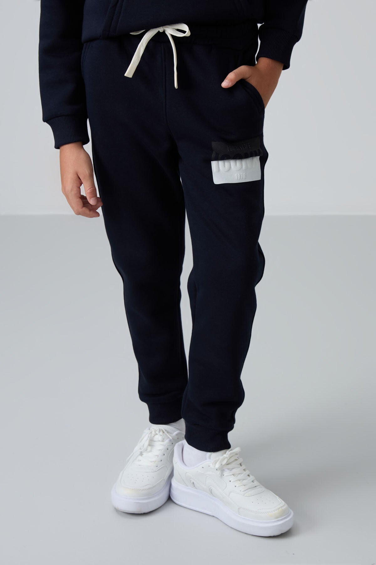 Navy Blue Cotton Thick Fleece-Lined Soft Textured Standard Fit Printed Boys' Tracksuit Set - 11246