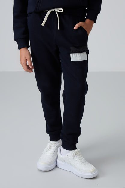 Navy Blue Cotton Thick Fleece-Lined Soft Textured Standard Fit Printed Boys' Tracksuit Set - 11246
