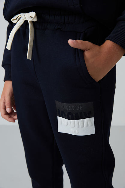 Navy Blue Cotton Thick Fleece-Lined Soft Textured Standard Fit Printed Boys' Tracksuit Set - 11246