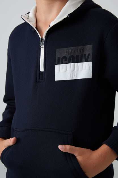 Navy Blue Cotton Thick Fleece-Lined Soft Textured Standard Fit Printed Boys' Tracksuit Set - 11246