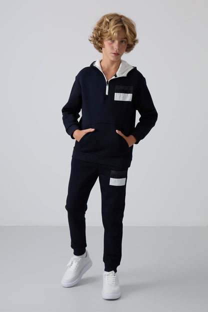Navy Blue Cotton Thick Fleece-Lined Soft Textured Standard Fit Printed Boys' Tracksuit Set - 11246