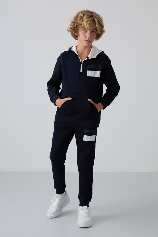 Navy Blue Cotton Thick Fleece-Lined Soft Textured Standard Fit Printed Boys' Tracksuit Set - 11246