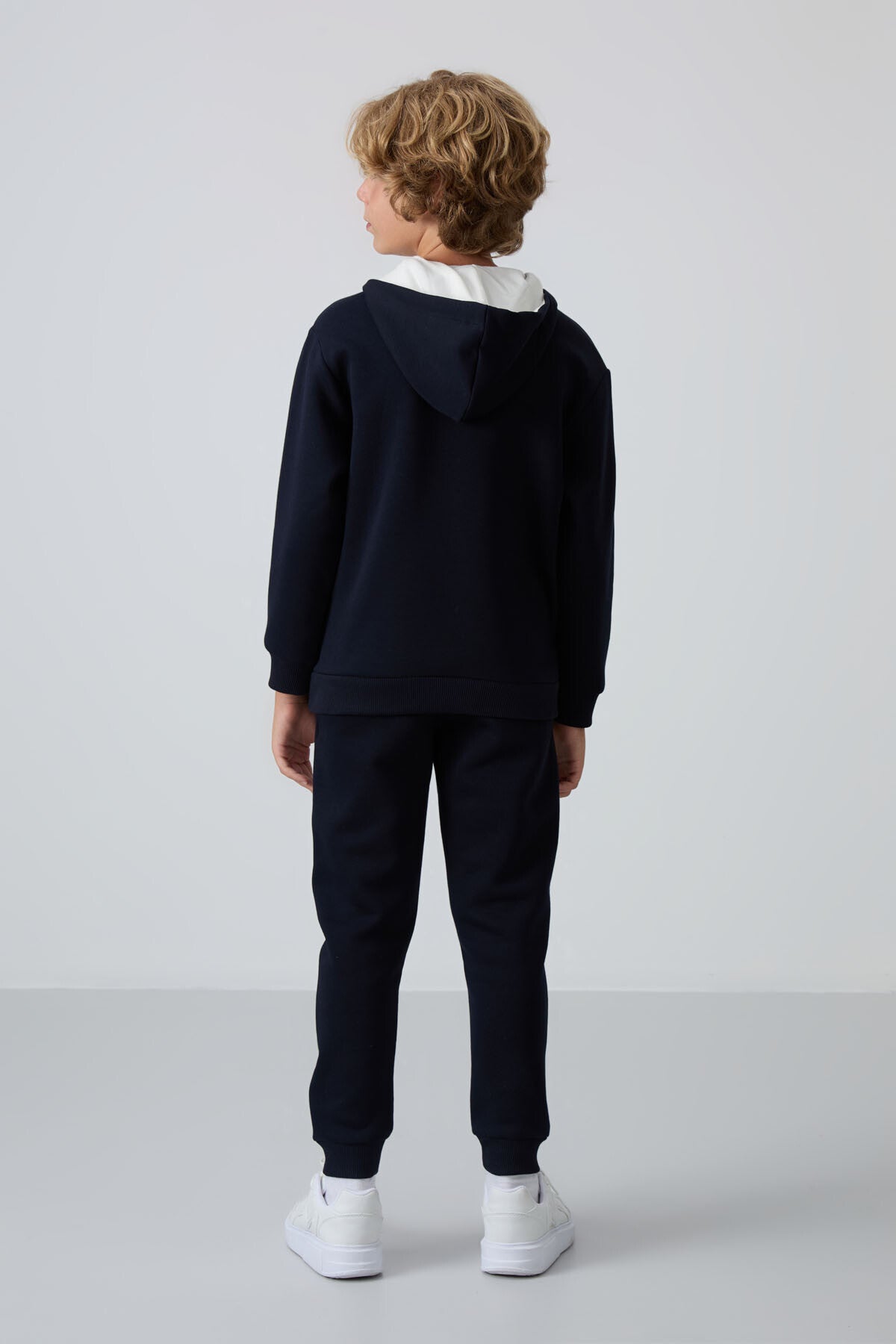 Navy Blue Cotton Thick Fleece-Lined Soft Textured Standard Fit Printed Boys' Tracksuit Set - 11246